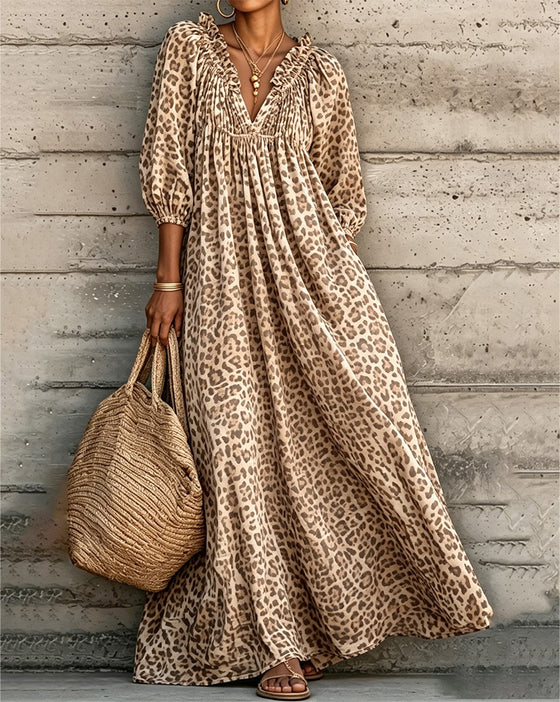 Klänning Leopard Tryck V-Hals Puff Ärm