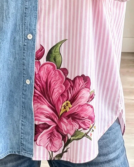 Skjorta Blommig Rand Denim Patchwork