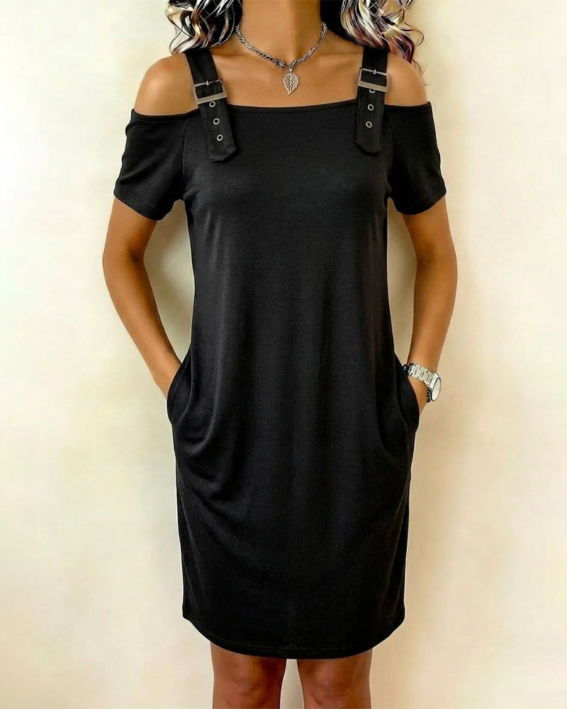 Klänning Metallring Off-Shoulder Enfärgad Kortärmad