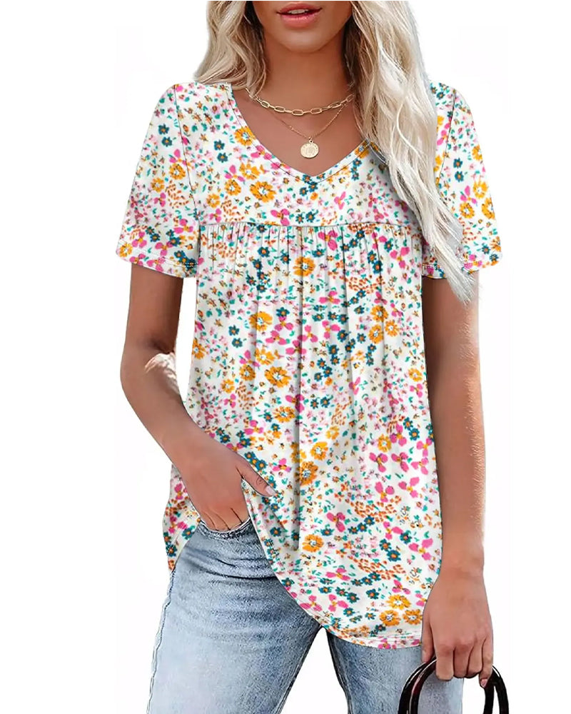Blus Blommig V-Ringad Kortärmad
