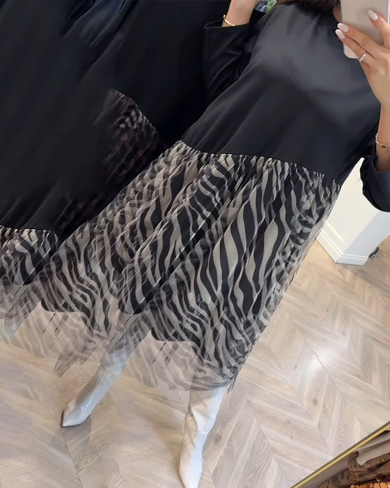 Klänning Rund Hals Patchwork Mesh Print