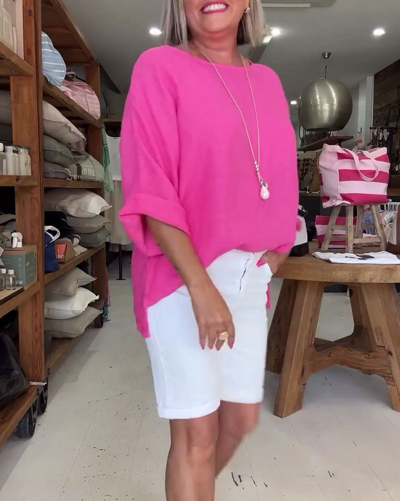 Topp Ren Färg Rundhalsad Bomull Linne