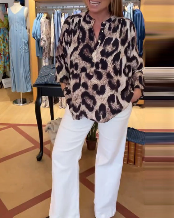 Blus Löst Leopardtryck Halv Knapp