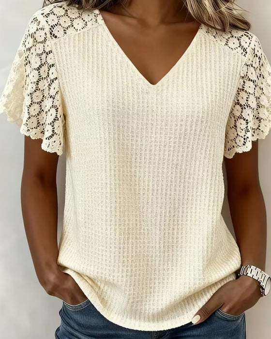 T-Shirt V-Hals Våffla Spets Patchwork Solid