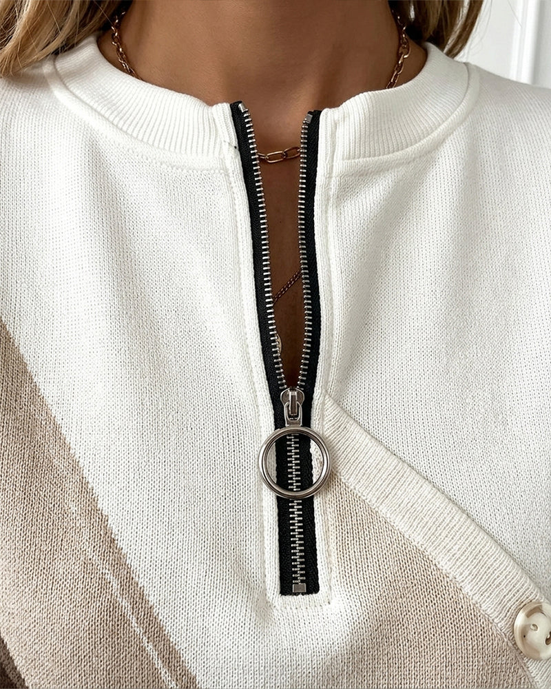 Sweatshirt Färgblock Twill Knapp Halv-Dragkedja
