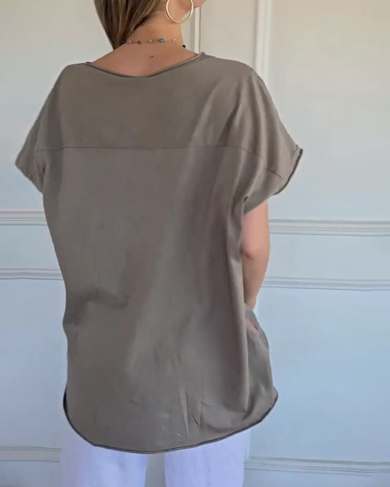 Blus Runt Hals Ledig Tryck Kort Ärm