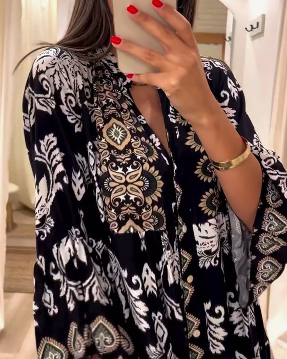 Vintage lös klänning med tryck och veckad