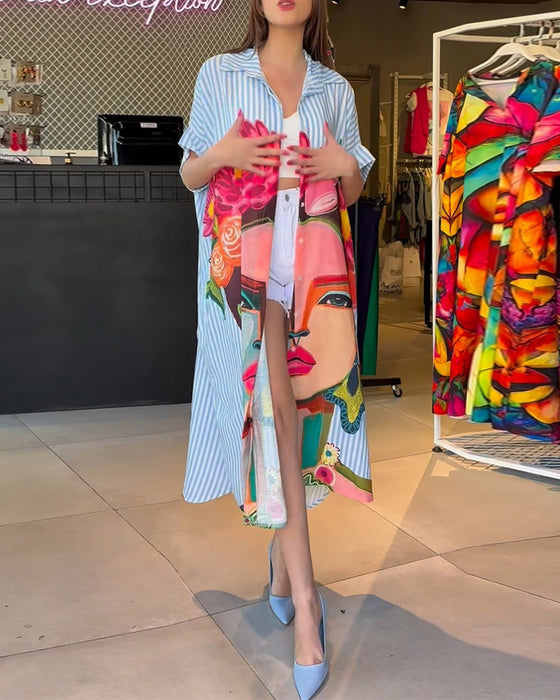 Vertikal randig blus med karaktärstryck i lapel