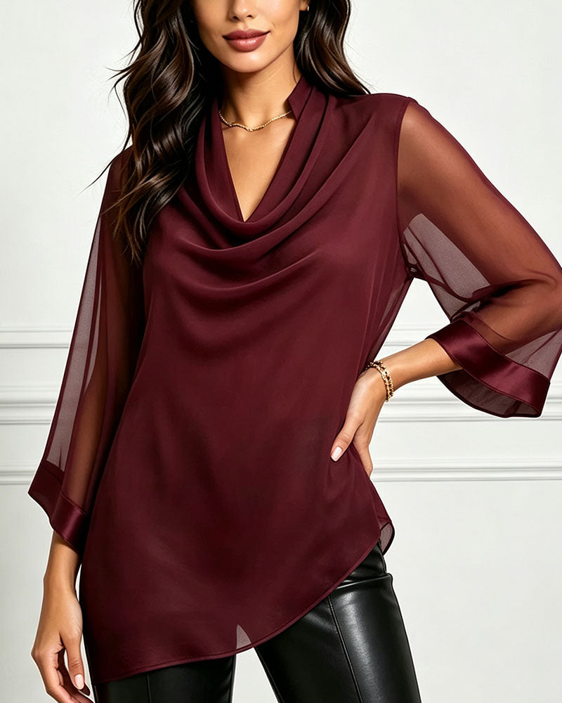 Blus Cowl Neck Oregelbunden Solid Sheer