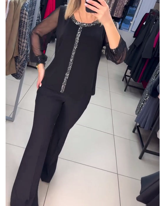 Blus Med Paljettpanel Och Långa Ärmar