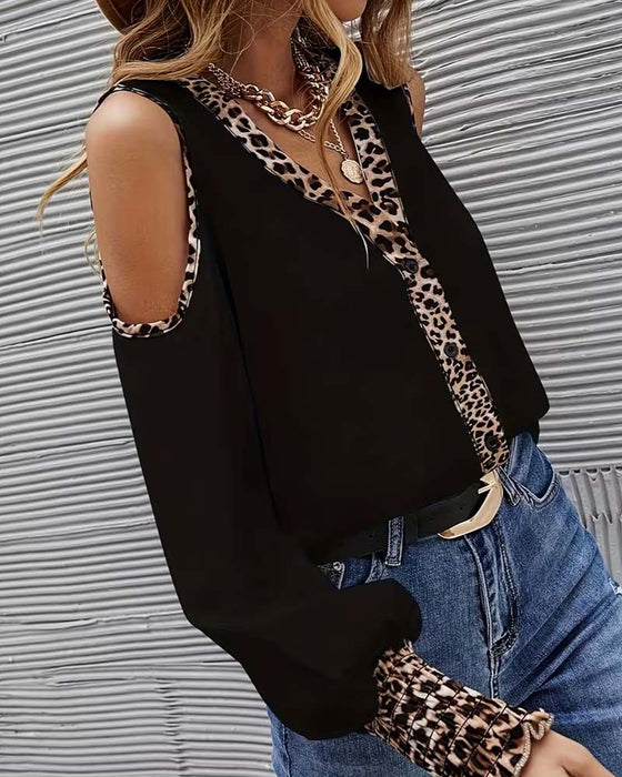 Blus Off-Axel Leopard Patchwork Lång Ärm