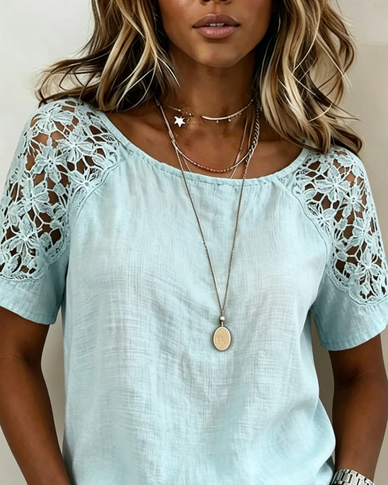 Blus Spets Hollow Out Patchwork Kort Ärm