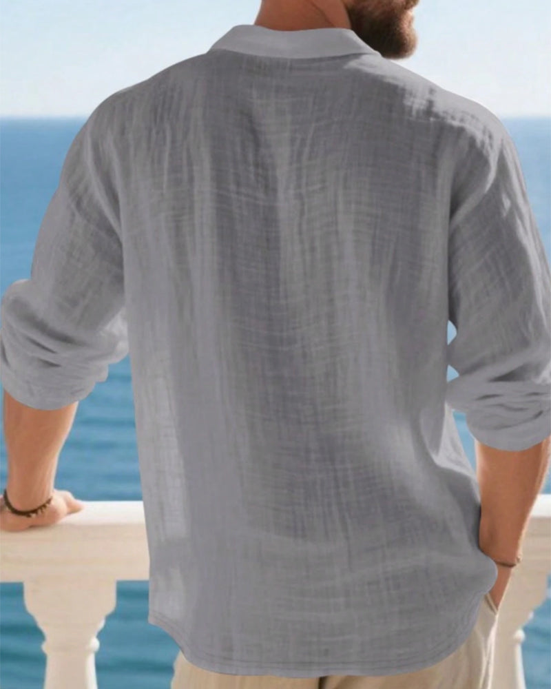 Skjorta Herr Lättvikt Lös Linne Långärmad Polo