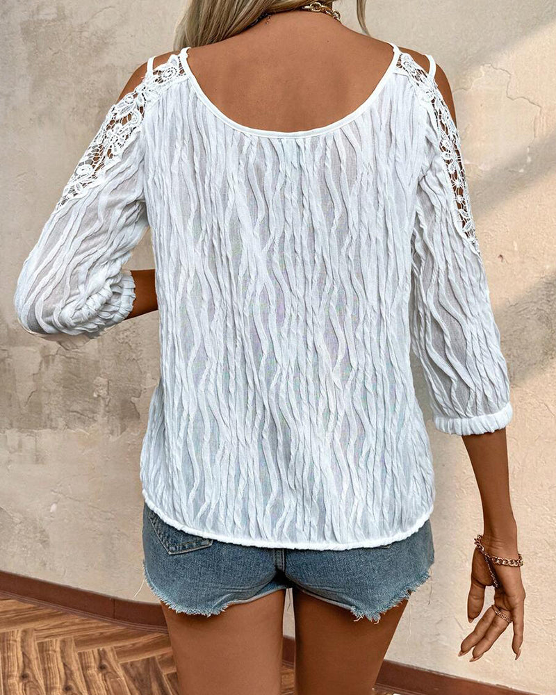 Blus Spets Off-Axel Rynkad Texturerad
