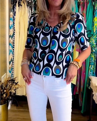 Casual topp med puffärm med geometriskt tryck