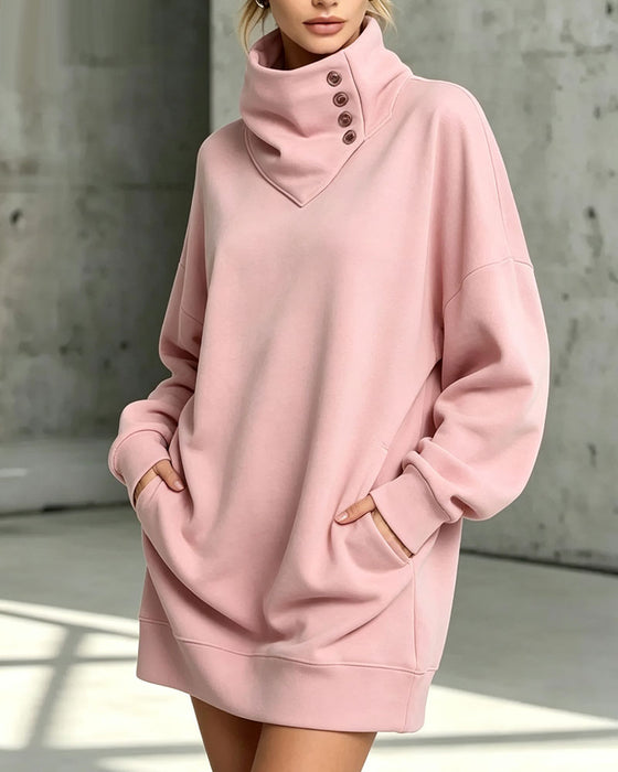 Klänning Turtleneck Diagonal Knapp Loose Fit