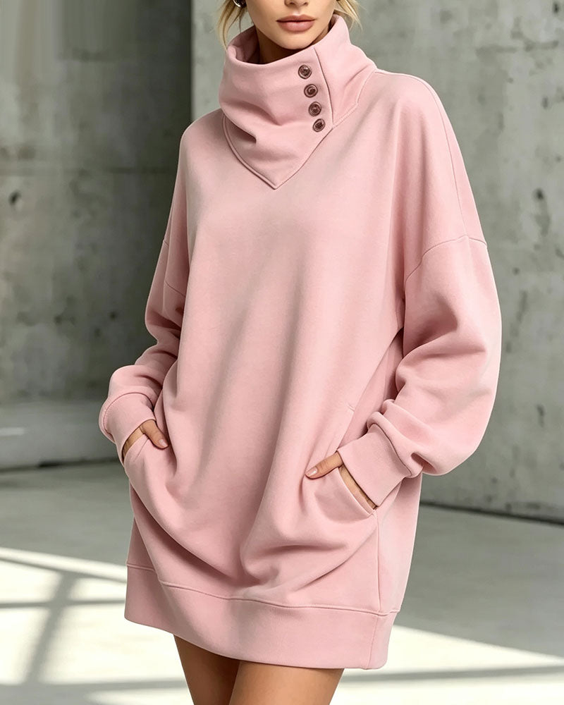 Klänning Turtleneck Diagonal Knapp Loose Fit