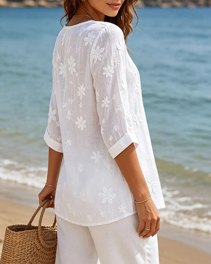 Blus Knapp Fram Rynkad Blommig Solid