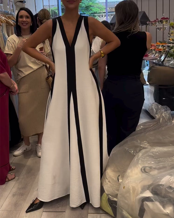 Klänning V-ringning Ärmlös Färgblock Lös