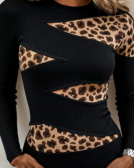T-Shirt Rundhalsad Leopard Patchwork