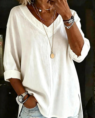 Topp V-Hals Sju-Ärm Delad Bomull Lin