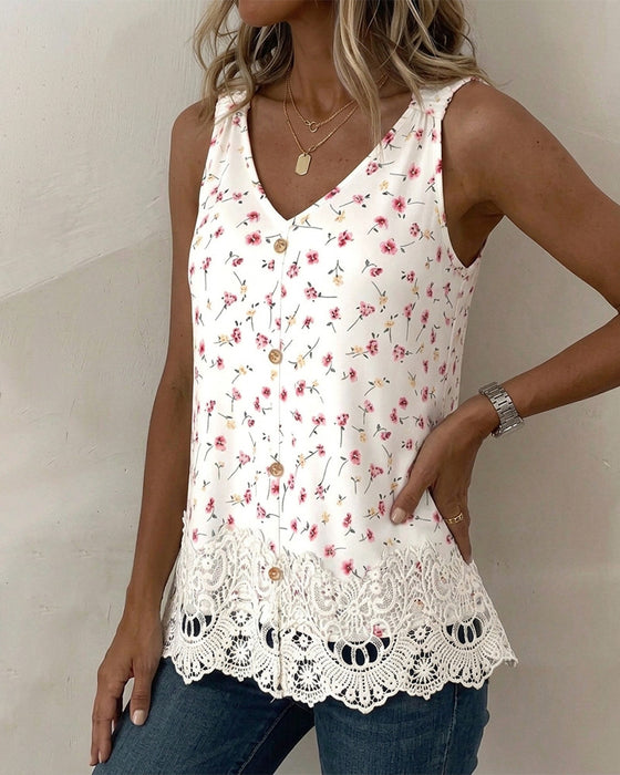 Tank Top V-Hals Spagettiband Blommig Spets Patchwork