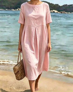 Klänning Rund Hals Kortärmad Enfärgad Avslappnad