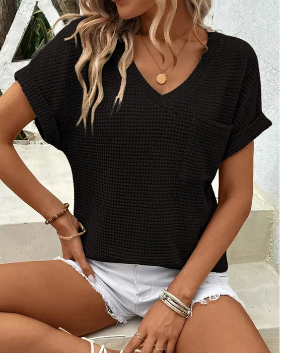 T-Shirt Dam Våffelstickad V-ringning Casual Sommar