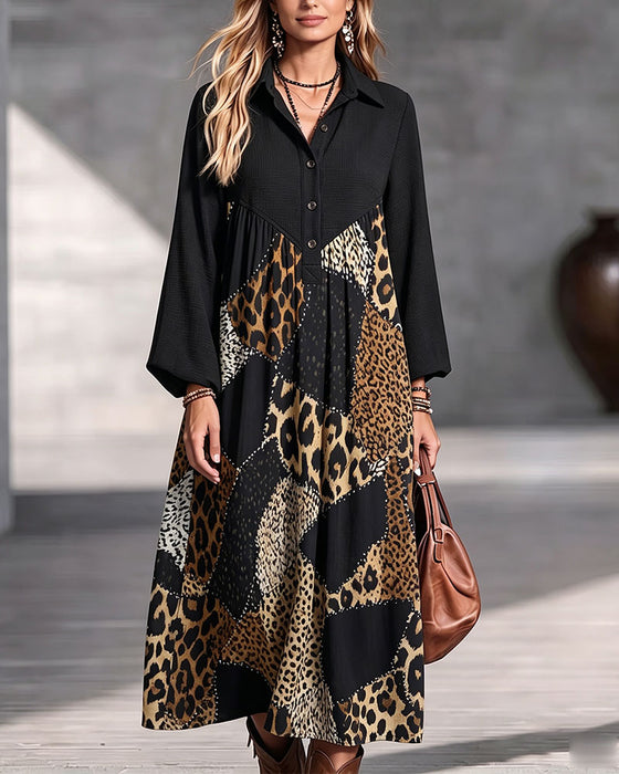 Klädning Leopard Färgblock Slag Lång Ärm