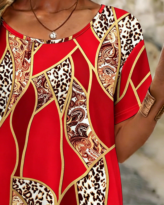 T-Shirt Oregelbunden Geometrisk Leopard Tryck