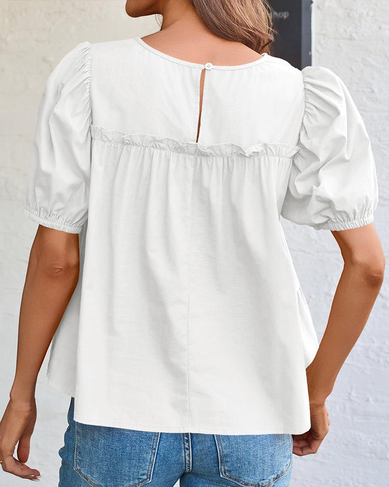 Blus Puffärm Loose-Fit Rynkad