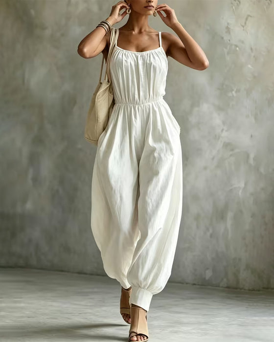 Jumpsuit Spagettiband Veckad Midjeknyt Bred Ben