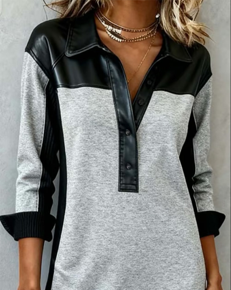 Långärmad Klänning Med Lapptäcktsdetaljer Och Krage