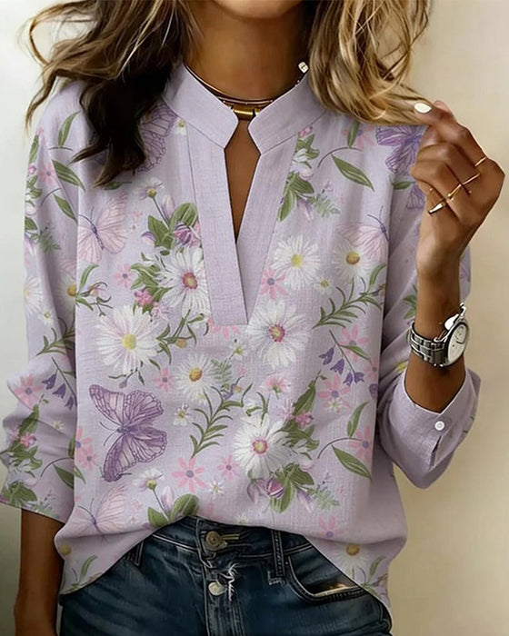 Blus Prästkrage Och Fjärilstryck Långärmad