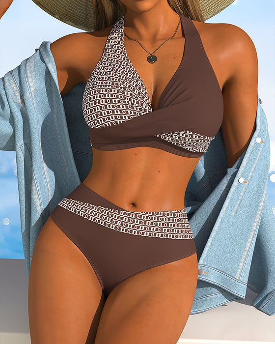 Bikini Halsrem Färgblock Korsband