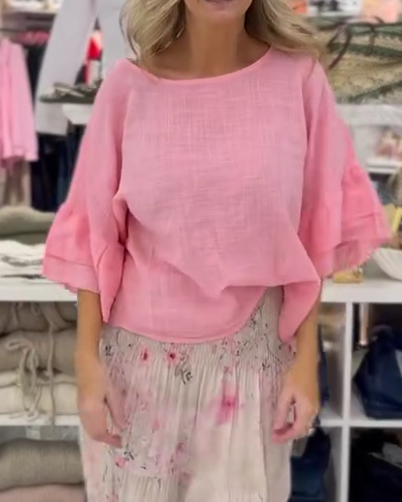 Blus Loose Fit Rundhalsad Rynkad Ärm