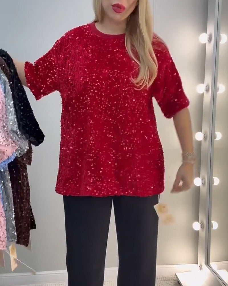 T-Shirt Rund Halsringning Pailletterad Kortärmad