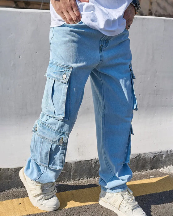 Jeans Herr Löst Fast Flik Ficka Cargo Denim