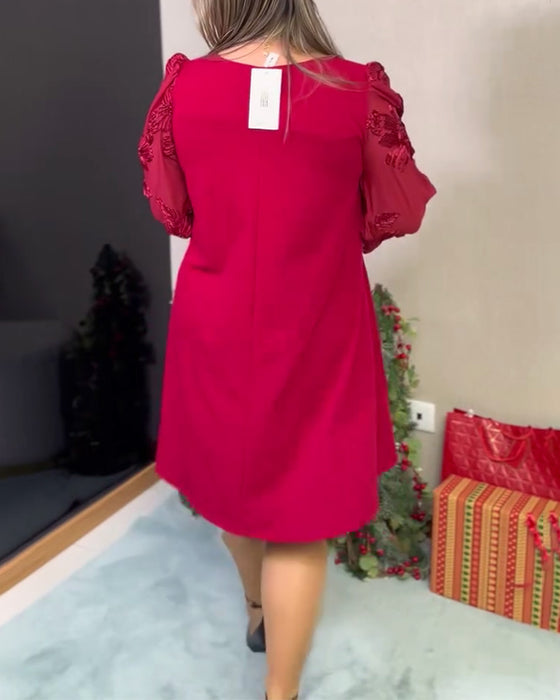 Klänning Puckad Ärm Nättyg Insydd V-hals Löst Sitthande