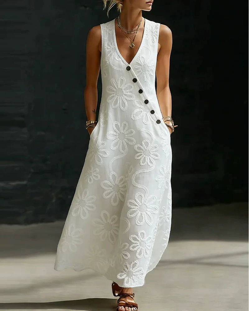 Långklänning V-Ringning Blommönster Diagonal Knapp