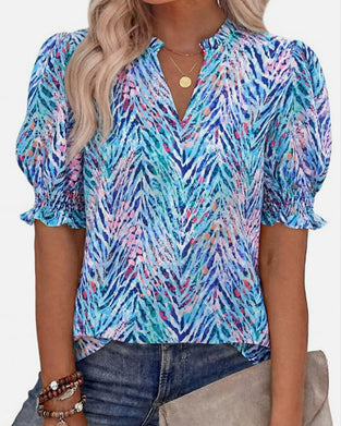 Blus Blommig Puff Kort Ärm