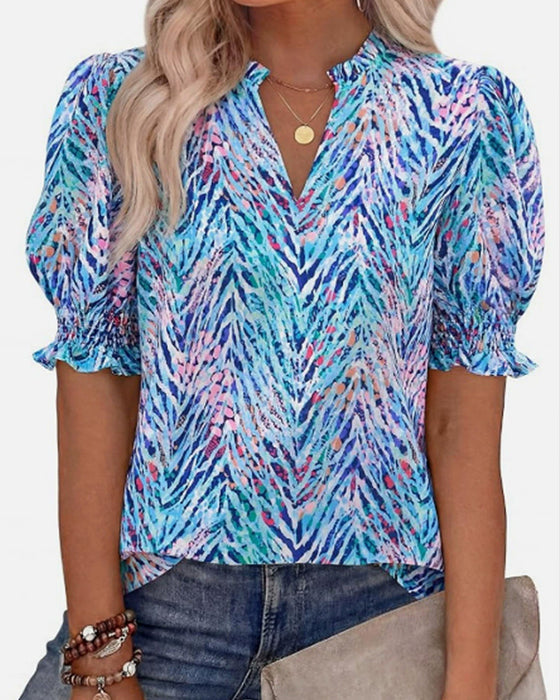 Blus Blommig Puff Kort Ärm
