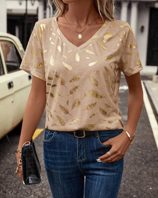 T-Shirt V-Ringad Bladtryck Casual