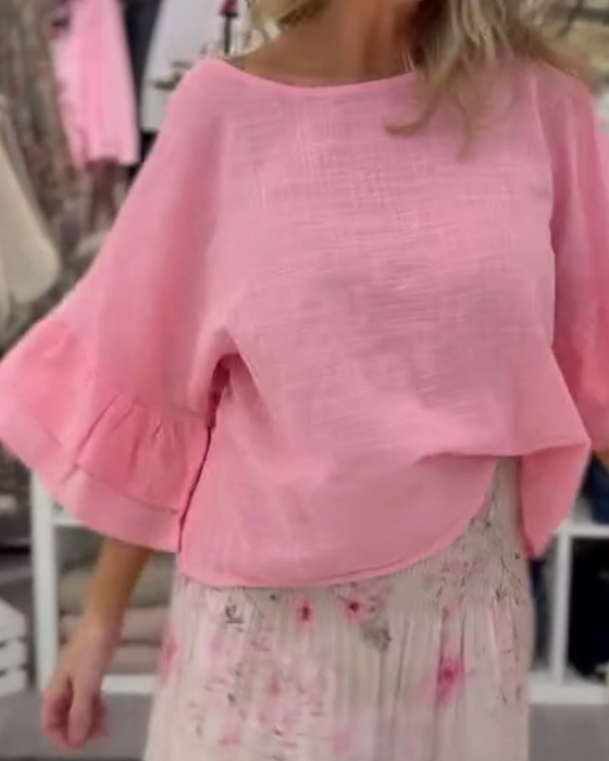 Blus Loose Fit Rundhalsad Rynkad Ärm