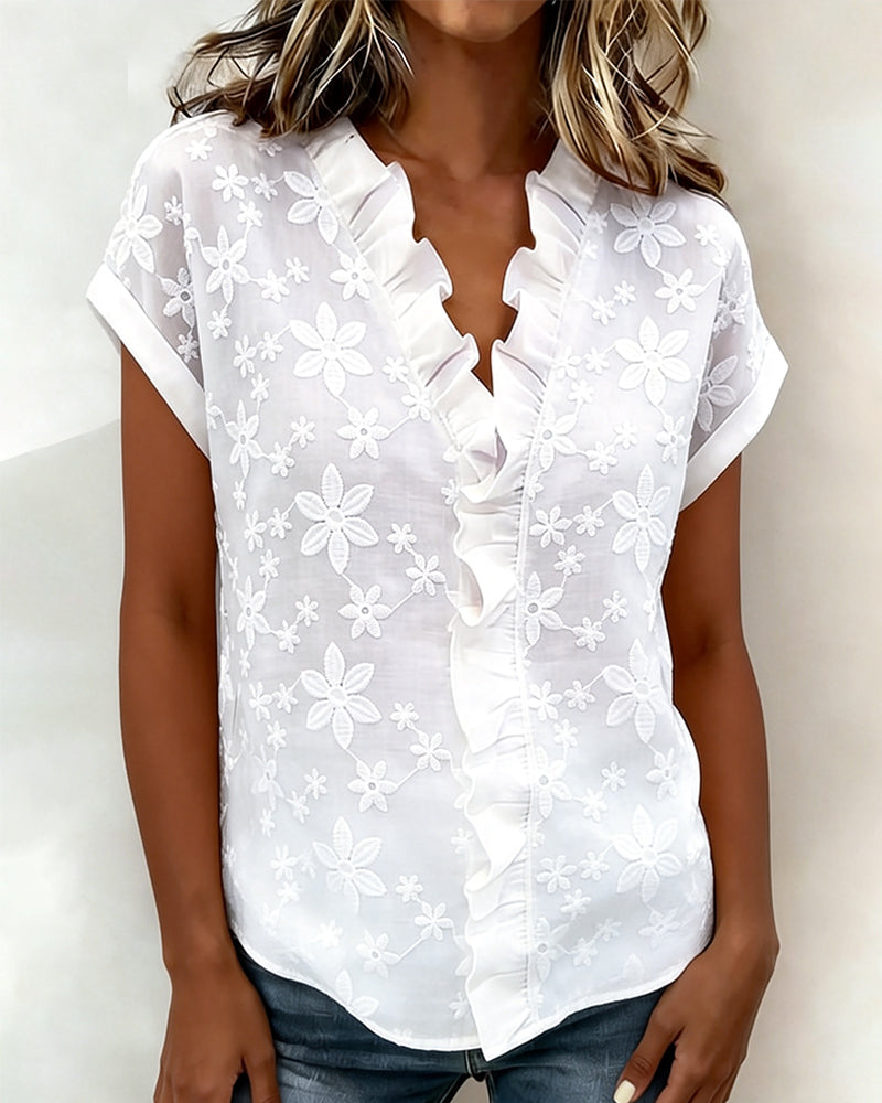 Blus Kortärmad Rynkad V-Ringning