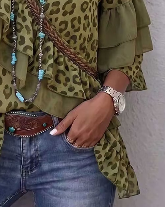 Blus V-Hals Ruffle Leopard
