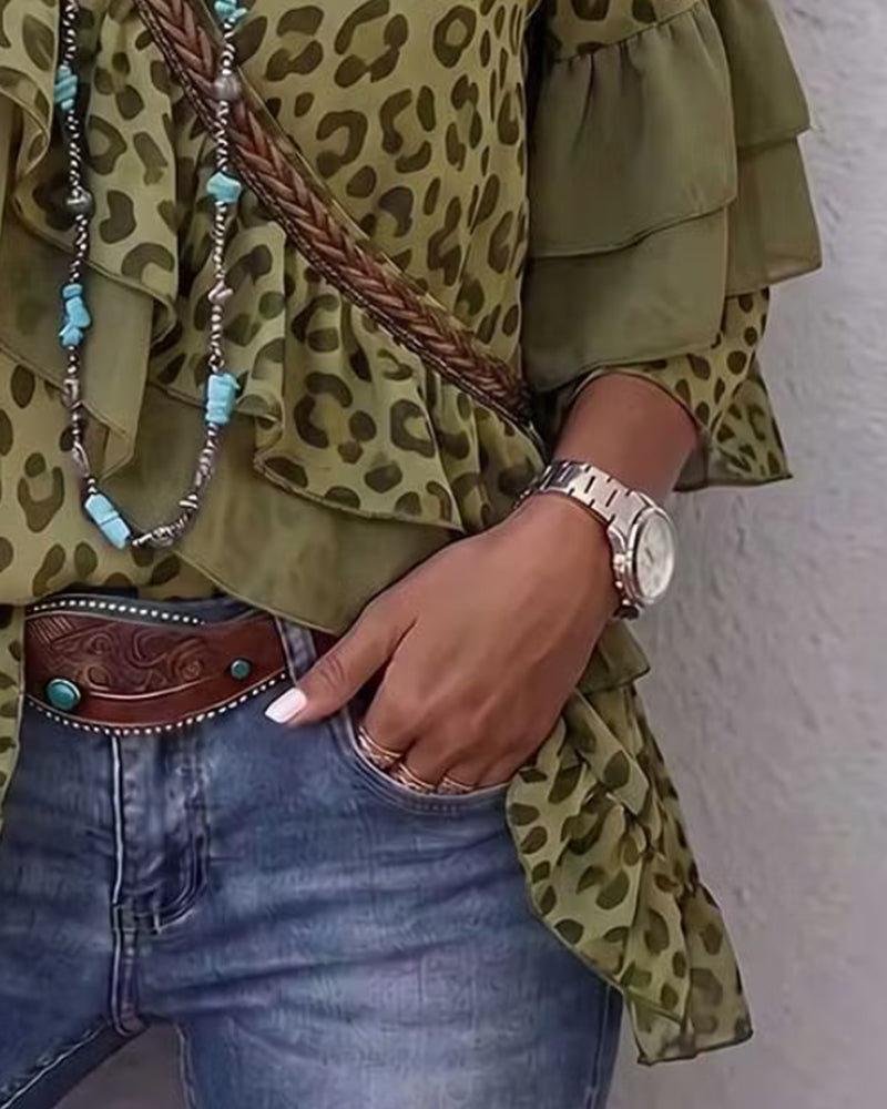 Blus V-Hals Ruffle Leopard