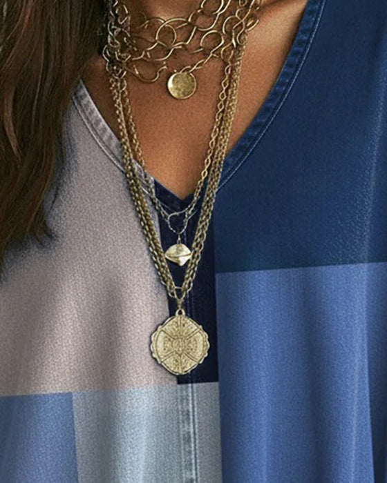 Topp V-Hals Färg Block Löst