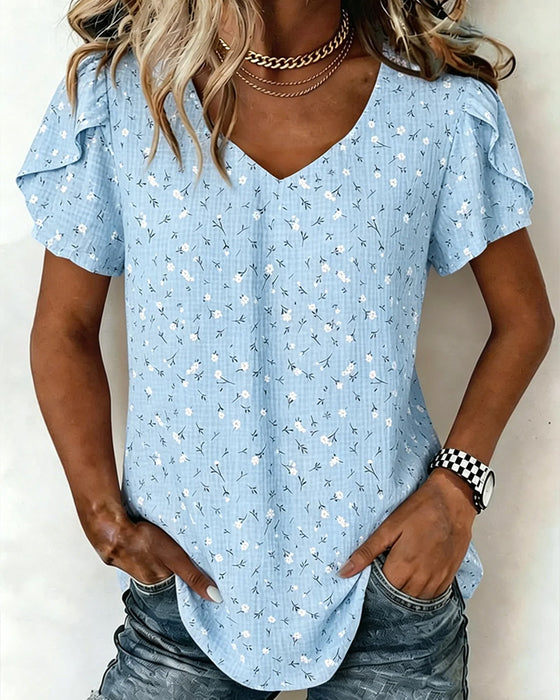 T-Shirt V-Hals Blommig Kort Ärm