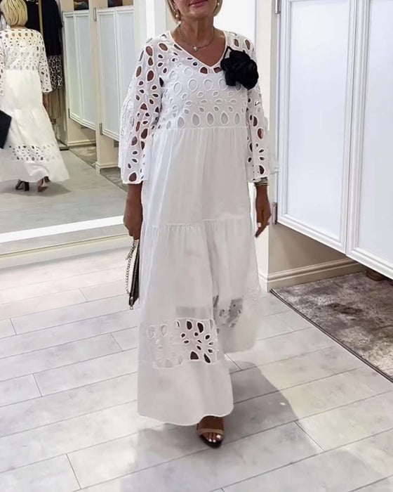 Klänning elegant enfärgad spets hål